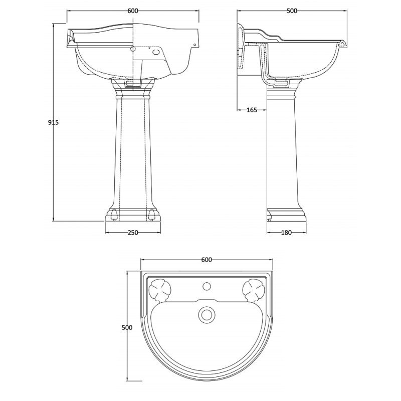 Hudson Reed Ryther 1 Tap Hole Basin and Full Pedestal 600mm Wide - White - CRT002