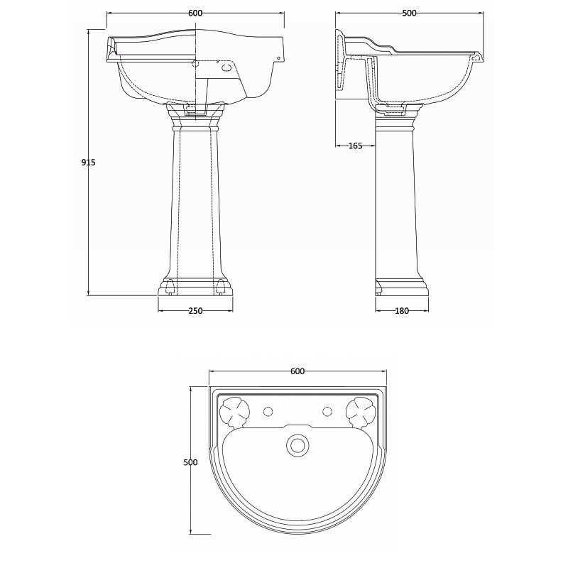 Hudson Reed Ryther 2 Tap Hole Basin and Full Pedestal 600mm Wide - White - CRT003 - 600mmx915mmx500mm