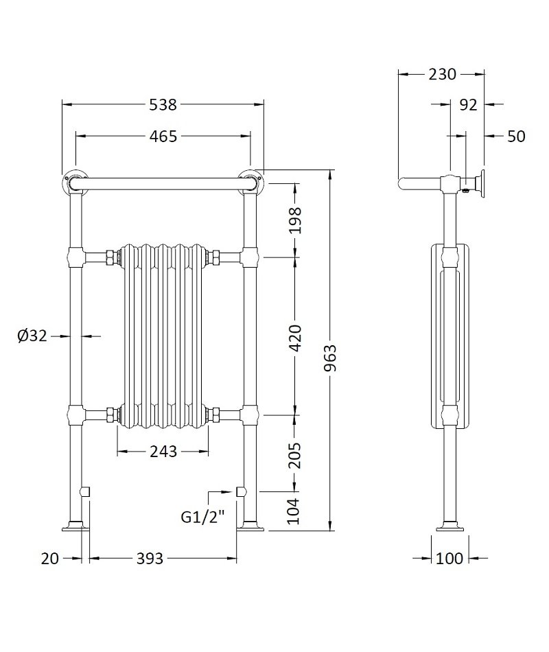 Hudson Reed Heated Radiator Towel Rail Small Harrow 965mm High x 540mm Wide - Chrome/White - HTD06