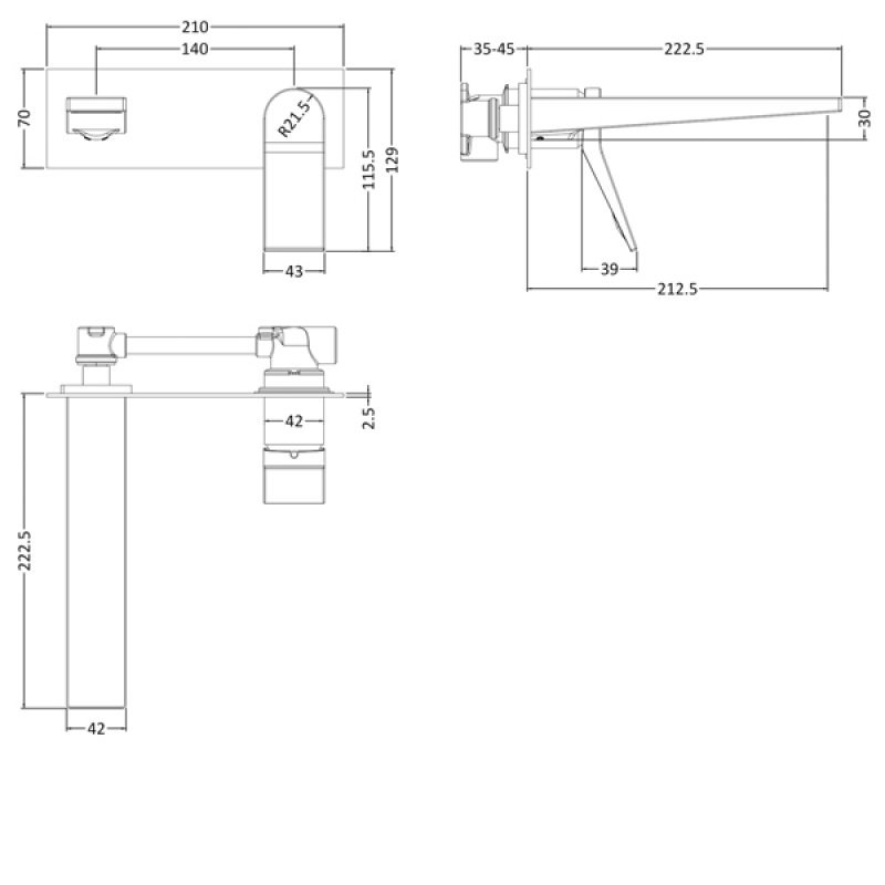 Hudson Reed Soar Modern Wall Mounted Single Lever Basin Mixer Tap  - Chrome - SOA328 - 210mmx70mmx223mm