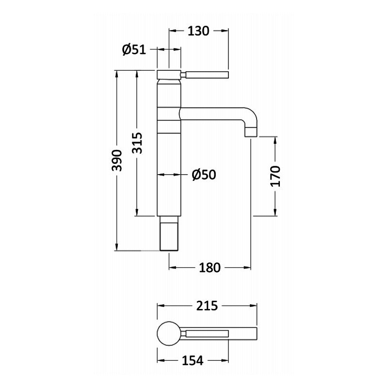 Hudson Reed Tec Tall Basin Mixer Tap - Matt Black - PN470 - 51mmx315mmx215mm