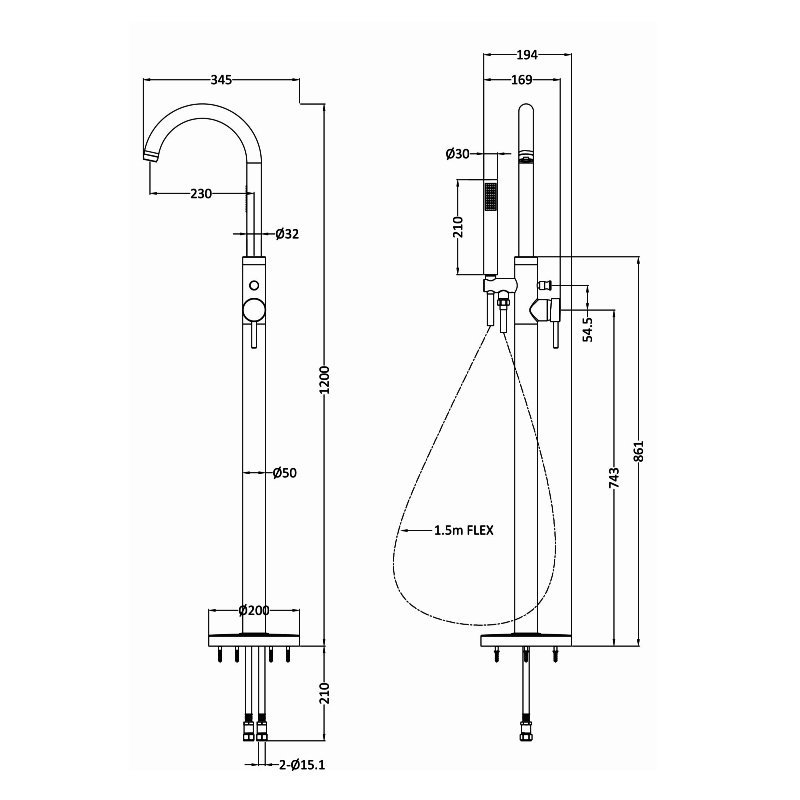Hudson Reed Tec Single Lever Elite Mono Bath Shower Mixer Tap Freestanding - Matt Black - PN421 - 230mmx1200mm