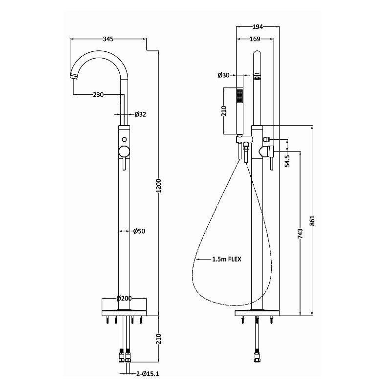 Hudson Reed Tec Single Lever Elite Mono Bath Shower Mixer Tap Freestanding - Brushed Brass - PN821 - 230mmx1200mm