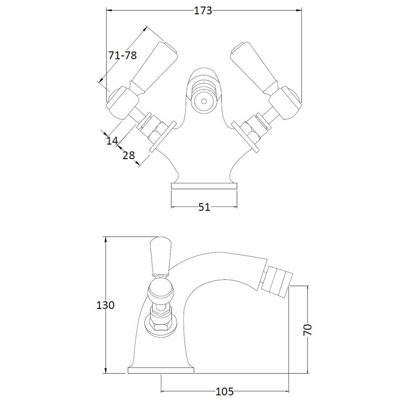 Hudson Reed Topaz Hexagonal Collar Lever Handle Bidet Mixer Tap with Waste - White/Chrome - BC306HL - 173mmx130mmx130mm