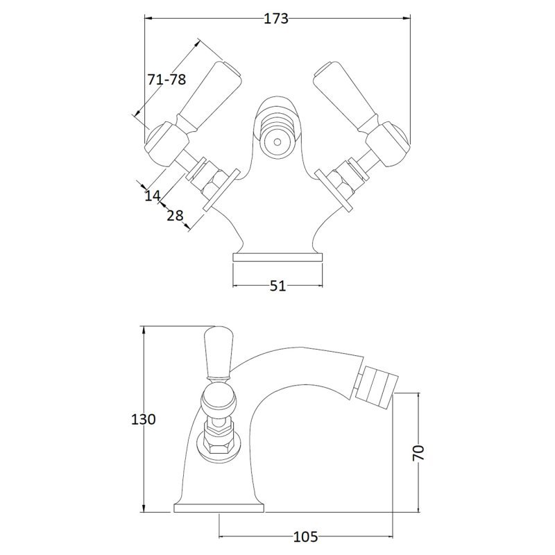Hudson Reed Topaz Hexagonal Collar Lever Handle Bidet Mixer Tap with Waste - Black/Chrome - BC406HL