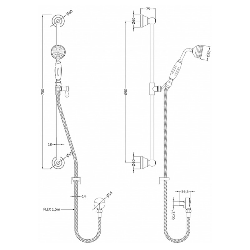 Hudson Reed Wall Mounted Traditional Slider Shower Rail Kit with Traditional Handset - Chrome - A3211 - 70mmx750mmx150mm