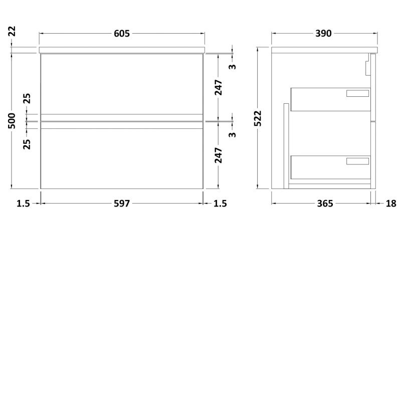 Hudson Reed Urban 2-Drawer Wall Hung Vanity Unit with Grey Worktop - 600mm Wide - Satin Grey - URB204LBG