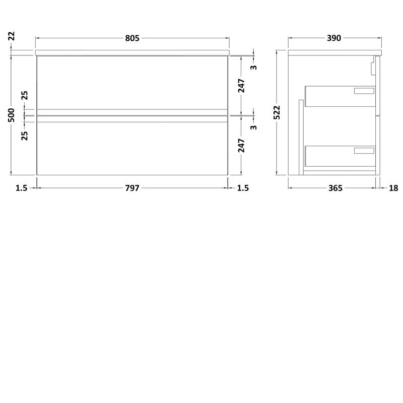 Hudson Reed Urban 2-Drawer Wall Hung Vanity Unit with Grey Worktop 800mm Wide - Satin White - URB106LBG