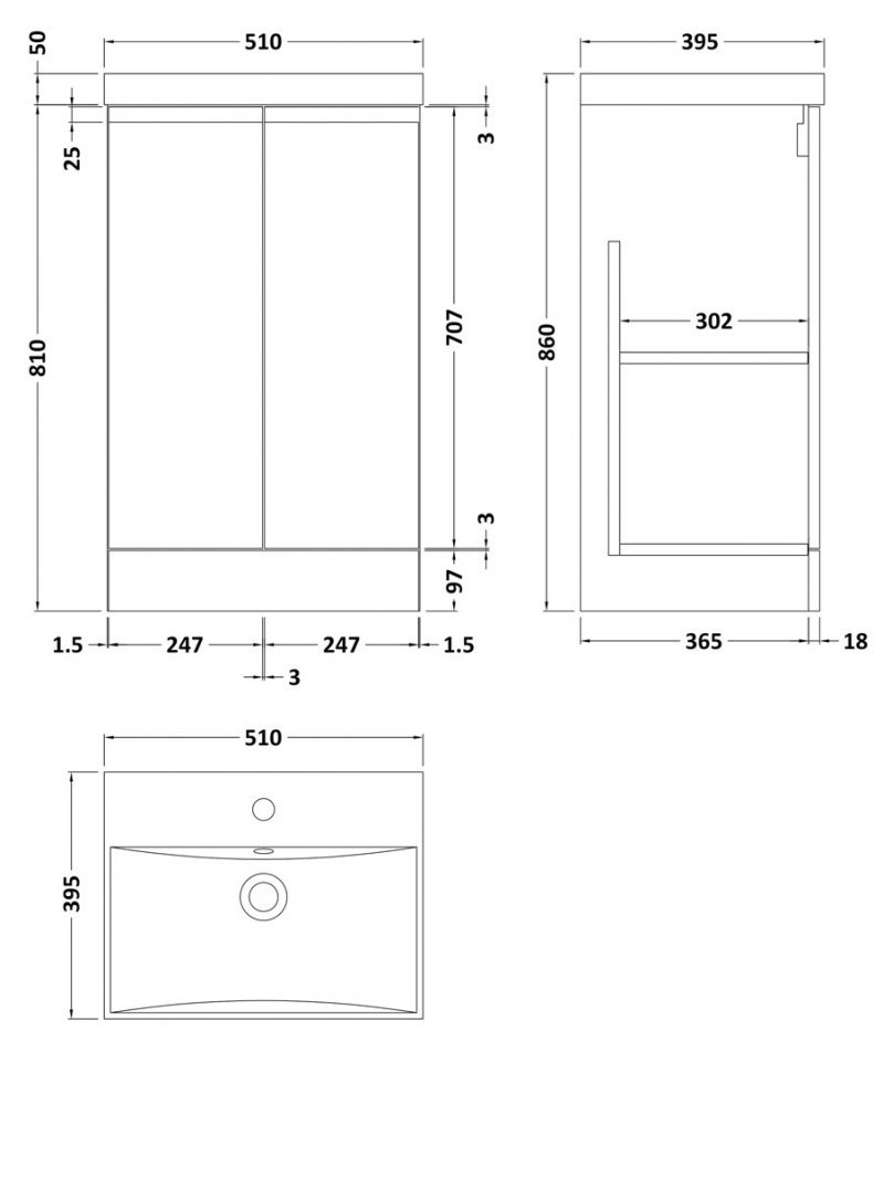 Hudson Reed Urban 2-Door Floor Standing Vanity Unit with Basin 3 500mm Wide - Satin White - URB107D - 500mmx860mmx383mm
