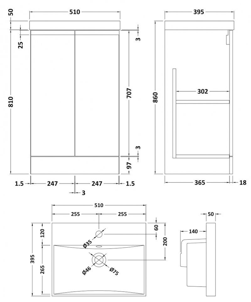 Hudson Reed Urban Floor Standing 2-Door Vanity Unit with Basin 3 - 500mm Wide - Satin Green - URB807D