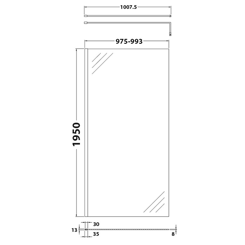 Hudson Reed 8mm Glass Wet Room Screen with Support Bar 1000mm Wide - Polished Chrome/Clear - WRSB1000