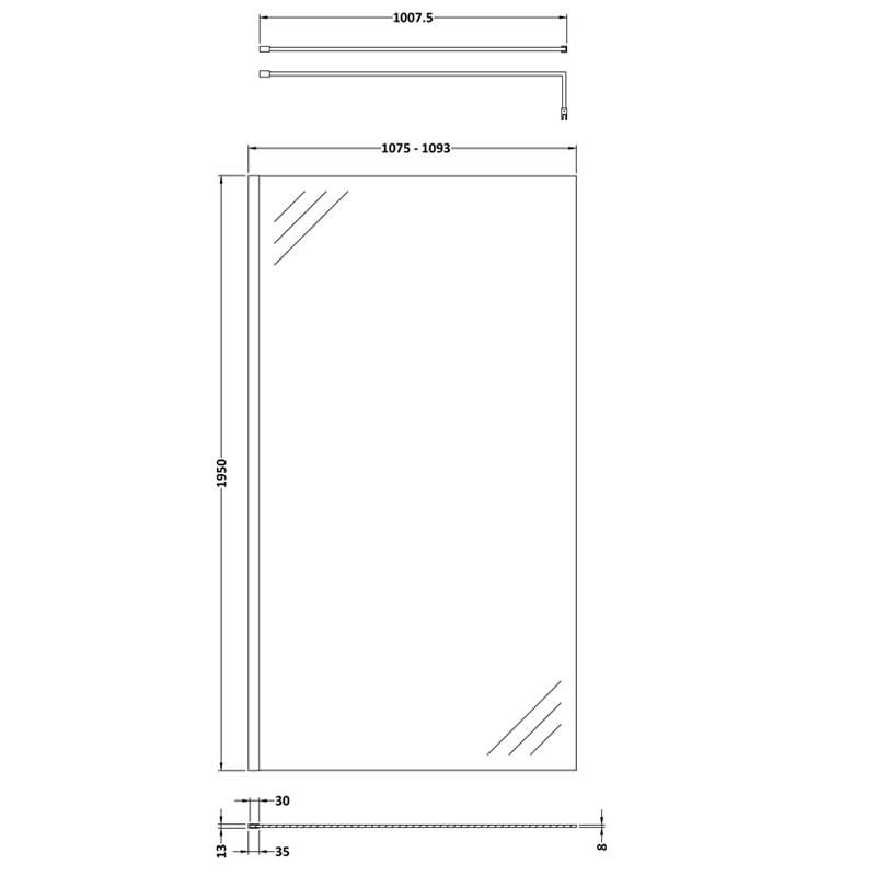 Hudson Reed Modern 8mm Glass Wet Room Screen with Support Bar 1100mm Wide - Clear - WRSB1100 - 1100mmx1950mm