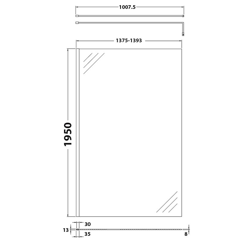 Hudson Reed 8mm Glass Wet Room Screen with Support Bar 1400mm Wide - Polished Chrome/Clear - WRSB1400 - 1400mmx1950mm
