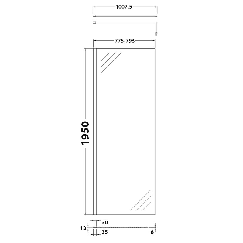 Hudson Reed 8mm Glass Wet Room Screen with Support Bar 800mm Wide - Polished Chrome/Clear - WRSB800 - 800mmx1950mm