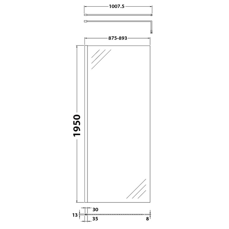 Hudson Reed 8mm Glass Wet Room Screen with Support Bar 900mm Wide - Polished Chrome/Clear - WRSB900 - 900mmx1950mmx14mm