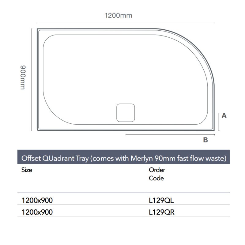 Merlyn Level25 Offset 1200mm x 900mm Quadrant Shower Tray with Waste - Right Handed - L129QR
