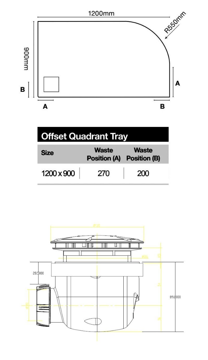 Merlyn TrueStone Offset Quadrant Shower Tray with Waste 1200mm x 900mm Right Handed - Slate Black - T129HGR