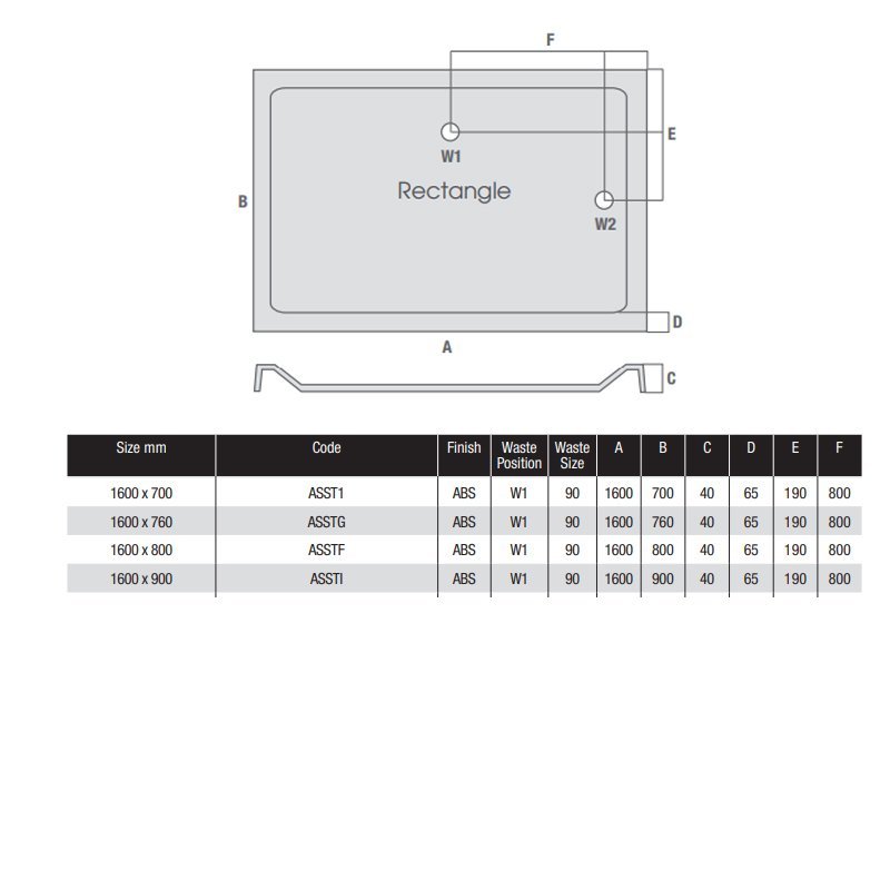 MX Elements Flat Top Anti-Slip Rectangular Shower Tray with Waste 1600mm x 900mm - White - ASSTI