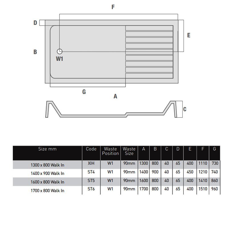 MX Elements Modern Walk-In Rectangular Shower Tray with Waste 1700mm x 800mm - White - ST6