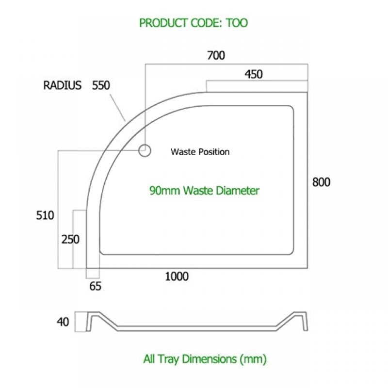 MX Elements Offset Quadrant Right Handed Shower Tray with Waste 1000mm x 800mm - White - TOO