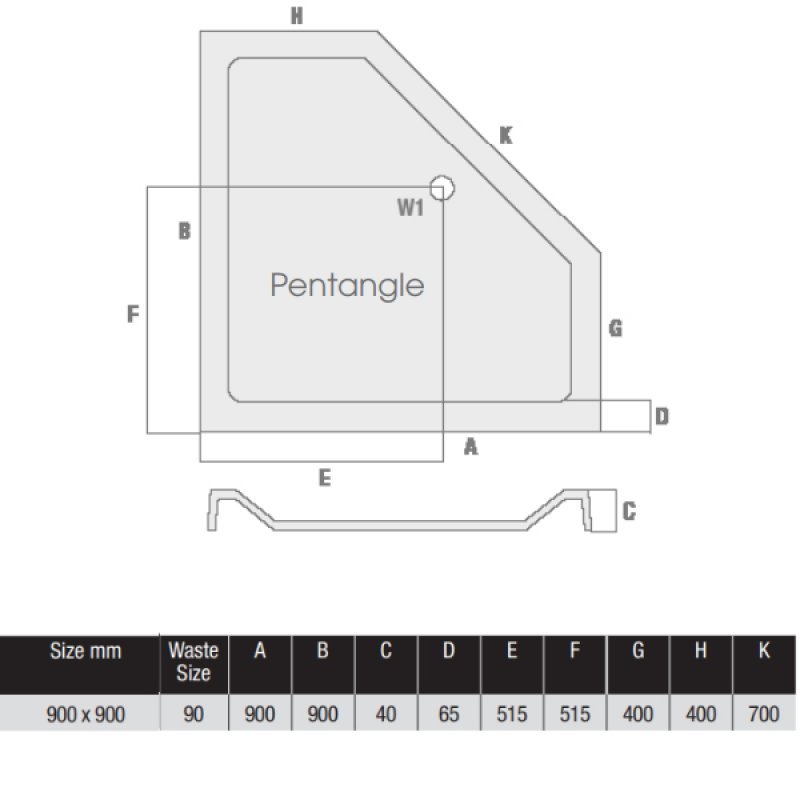 MX Elements Modern Pentagonal Flat Top Shower Tray with Waste 900mm x 900mm  - White - UAN - 900mmx40mmx900mm