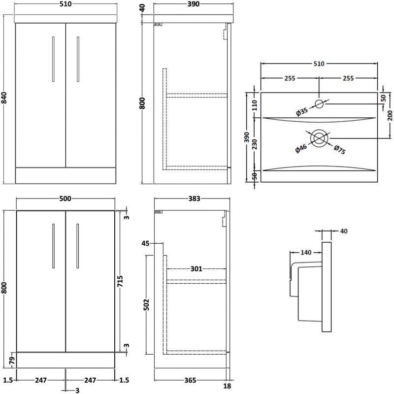 Nuie Arno 500mm Wide Floor Standing 2-Door Vanity Unit with Basin-1 - Gloss Mid Grey - ARN1301A - 500mmx840mmx383mm
