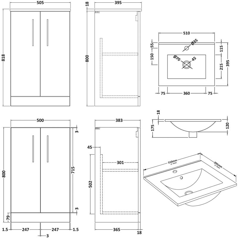 Nuie Arno 500mm Wide Floor Standing 2-Door Vanity Unit with Basin-2 - Gloss Mid Grey - ARN1301B - 500mmx818mmx383mm
