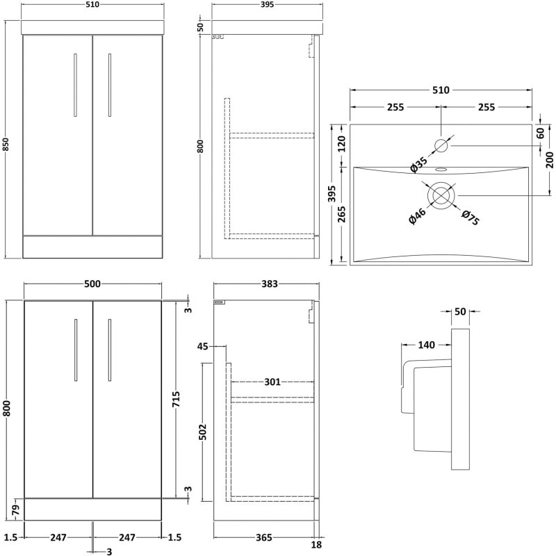 Nuie Arno 500mm Wide Floor Standing 2-Door Vanity Unit with Basin-3 - Gloss White - ARN101D - 500mmx850mmx383mm