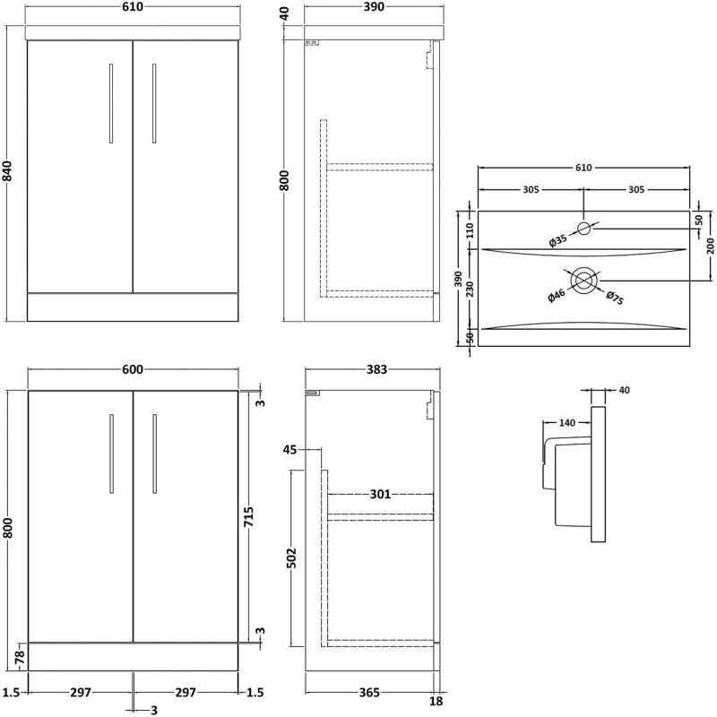 Nuie Arno 600mm Wide Floor Standing 2-Door Vanity Unit with Basin-1 - Gloss Mid Grey - ARN1303A - 600mmx840mmx383mm