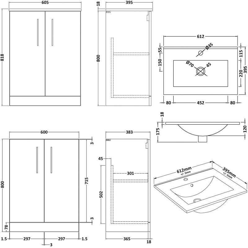 Nuie Arno 600mm Wide Floor Standing 2-Door Vanity Unit with Basin-2 - Black Woodgrain - ARN603B - 600mmx818mmx383mm