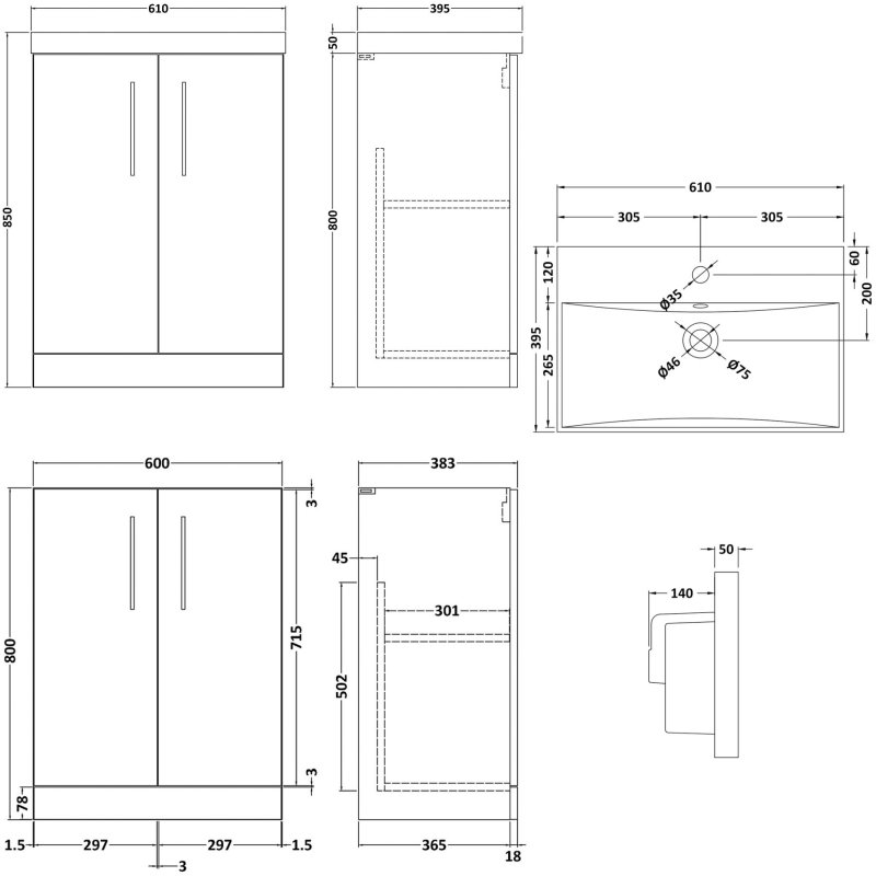 Nuie Arno 600mm Wide Floor Standing 2-Door Vanity Unit with Basin-3 - Gloss Mid Grey - ARN1303D - 600mmx850mmx383mm