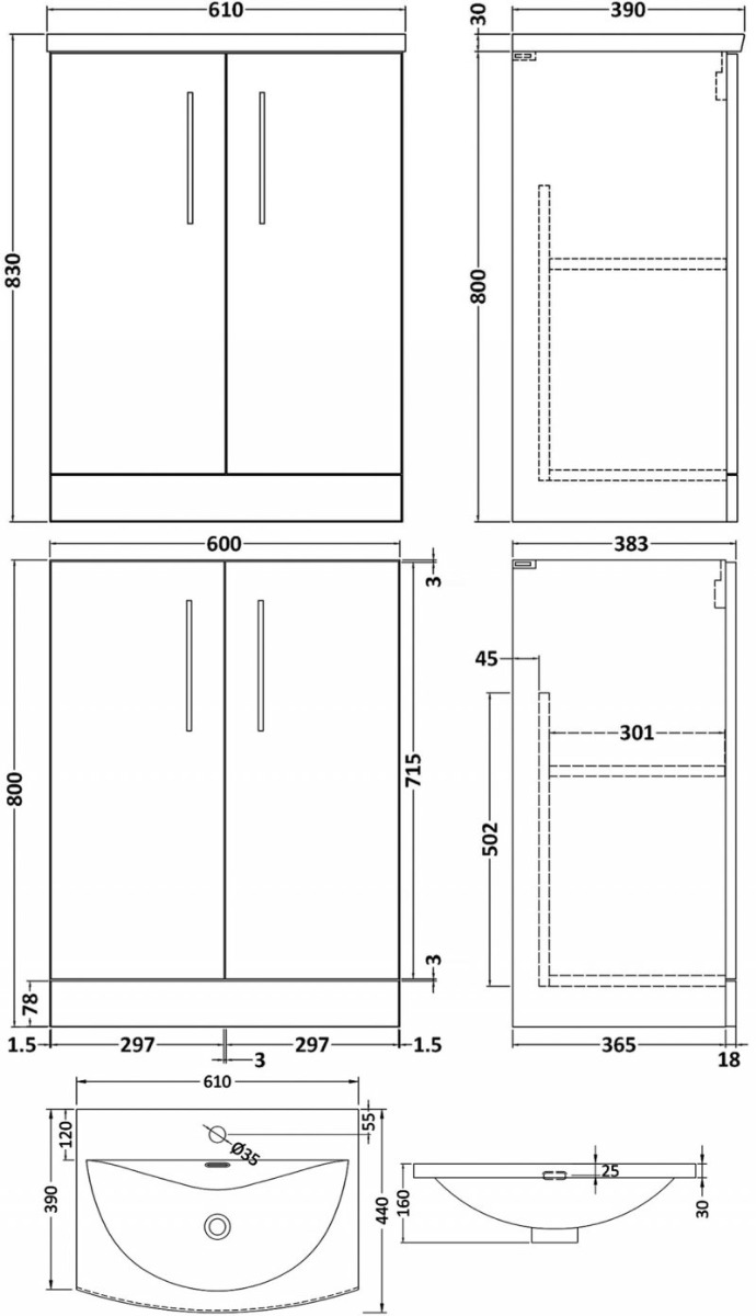 Nuie Arno 600mm Wide Floor Standing 2-Door Vanity Unit with Basin-4 - Gloss White - ARN103G - 600mmx830mmx383mm