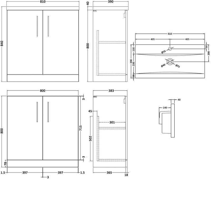Nuie Arno 800mm Wide Floor Standing 2-Door Vanity Unit with Basin-1 - Anthracite Woodgrain - ARN505A - 800mmx840mmx383mm
