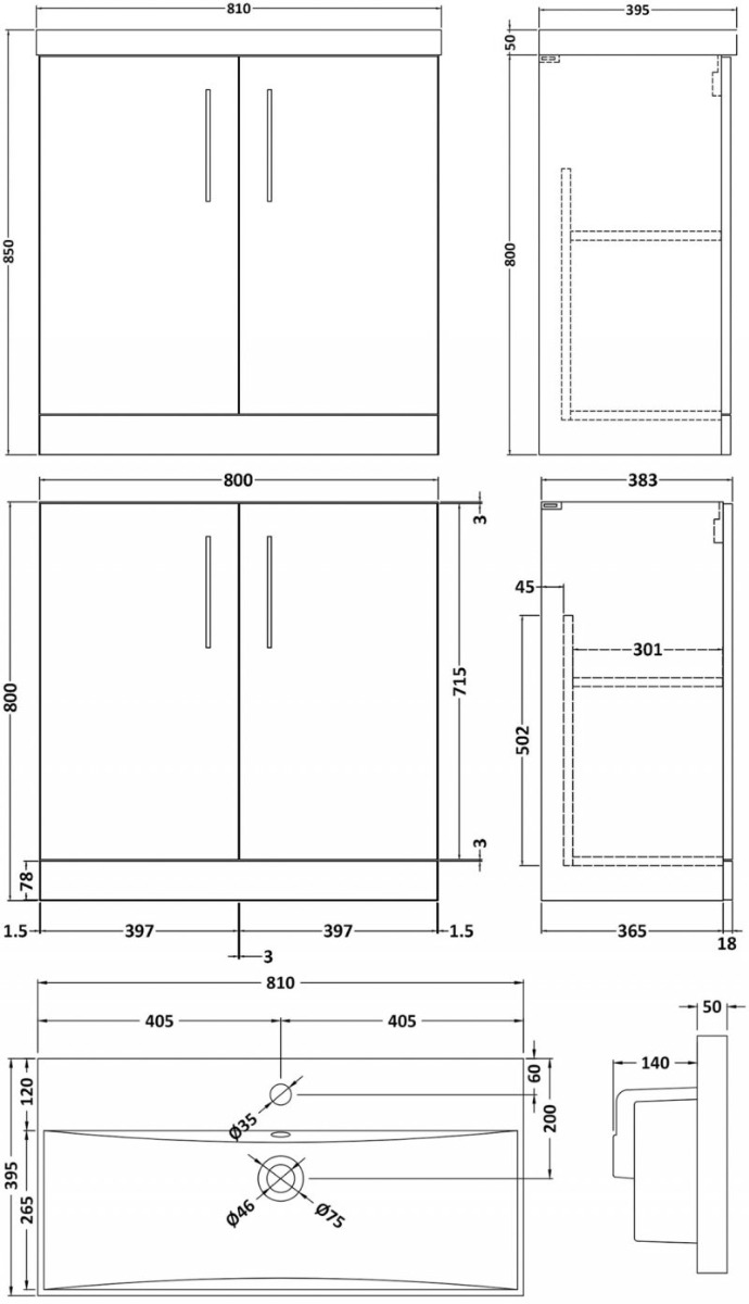 Nuie Arno 800mm Wide Floor Standing 2-Door Vanity Unit with Basin-3 - Gloss White - ARN105D - 800mmx850mmx383mm