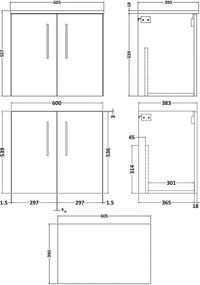 Nuie Arno 600mm Wide Wall Hung 2-Door Vanity Unit with Worktop - Anthracite Woodgrain - ARN523W - 600mmx557mmx383mm