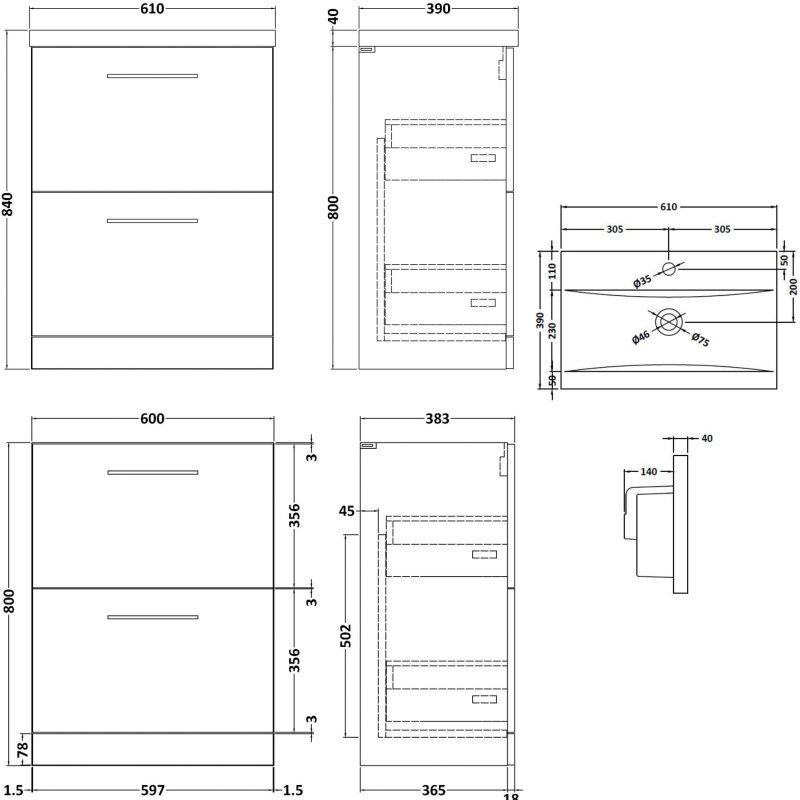 Nuie Arno 600mm Wide Floor Standing 2-Drawer Vanity Unit with Basin-1 - Black Woodgrain - ARN633A - 600mmx840mmx383mm