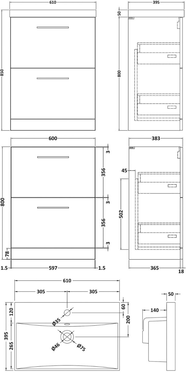 Nuie Arno 600mm Wide Floor Standing 2-Drawer Vanity Unit with Basin-3 - Satin Green - ARN833D - 600mmx850mmx383mm