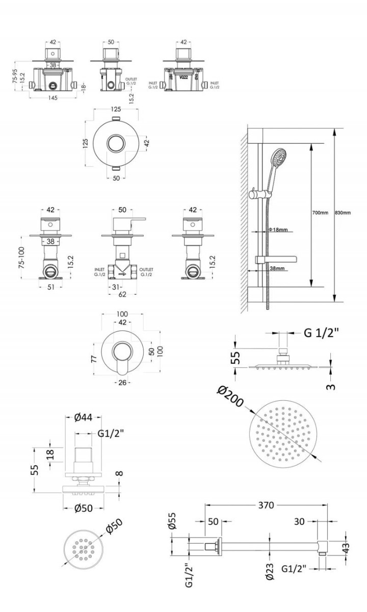 Nuie Arvan Thermostatic Fixed Head Stop Tap and Body Jet Concealed Mixer Shower with Shower Kit  - SBR134ST3 - 200mmx830mmx200mm