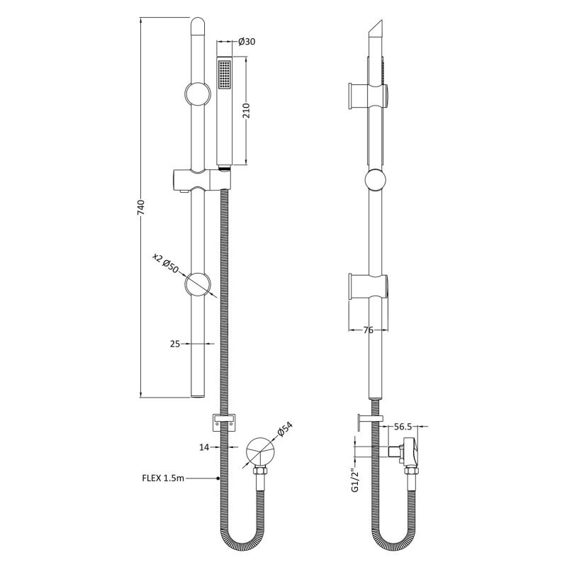 Nuie Arvan Slider Rail Round Shower Kit with Outlet Elbow - Brushed Brass - STY842 - 140mmx740mmx76mm