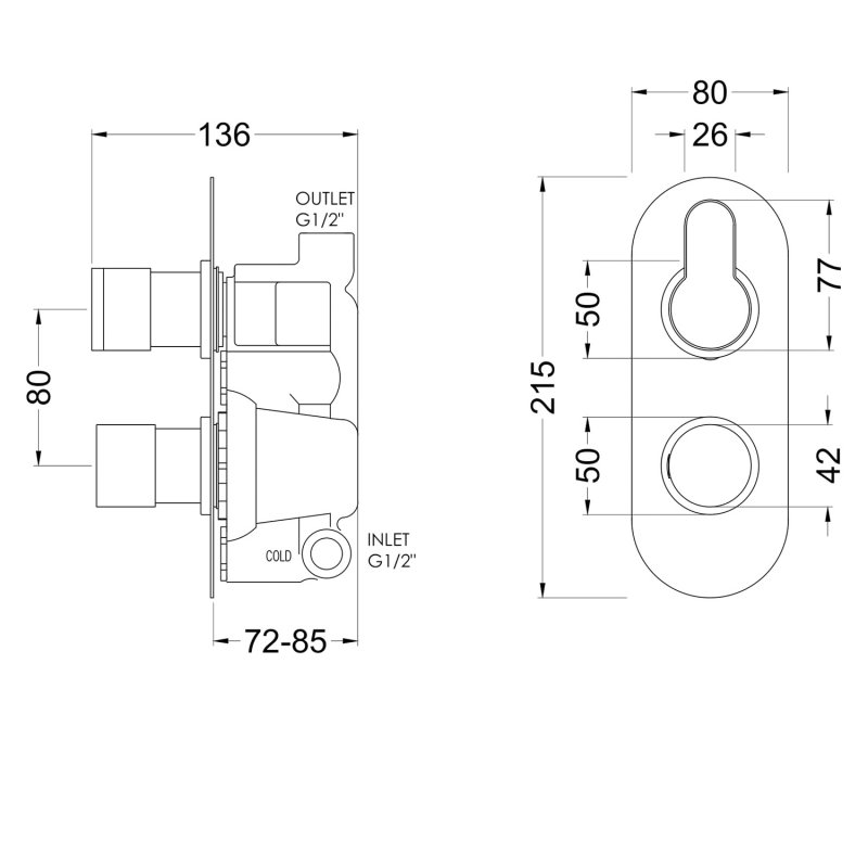 Nuie Arvan Dual Handle Thermostatic Concealed Shower Valve - Matt Black - ARV4TW01 - 80mmx215mmx136mm