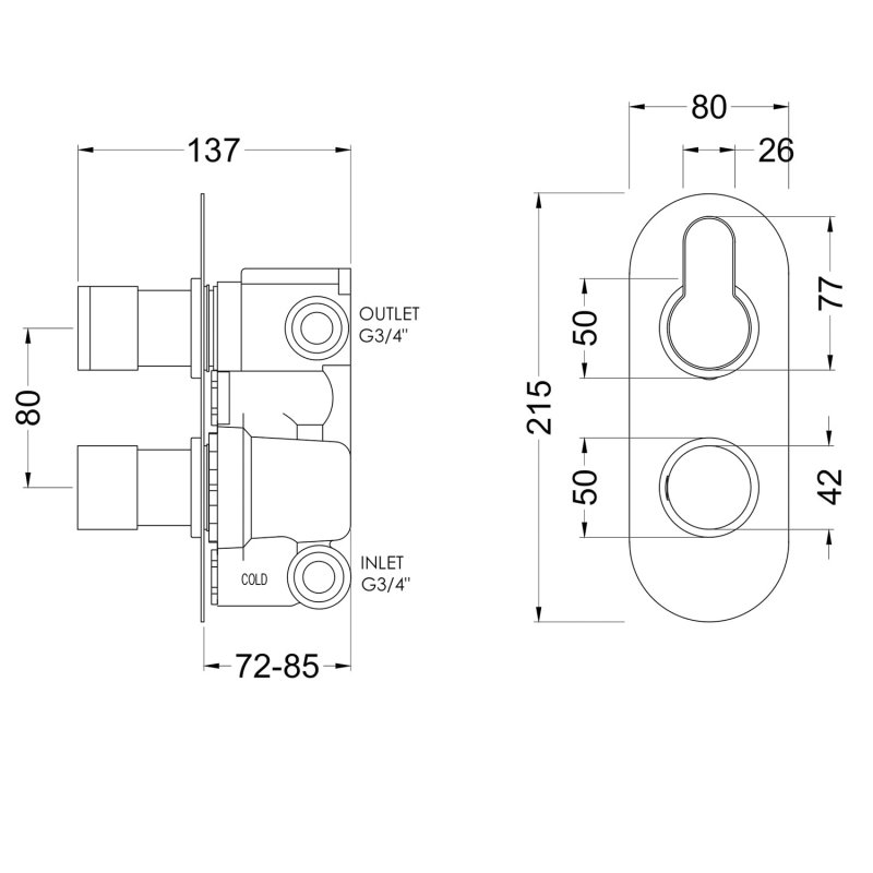 Nuie Arvan Diverter Dual Handle Thermostatic Concealed Shower Valve - Matt Black - ARV4TW02 - 80mmx215mmx136mm