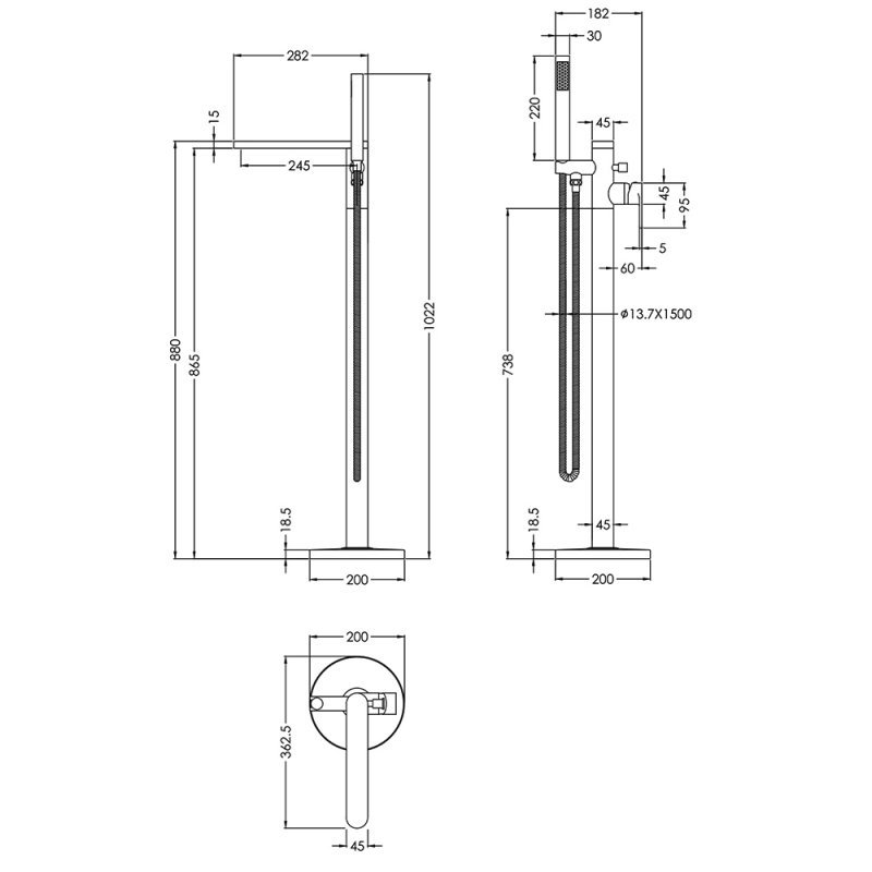 Nuie Arvan Modern Freestanding Bath Shower Mixer Tap - Matt Black - ARV421 - 200mmx1200mmx465mm