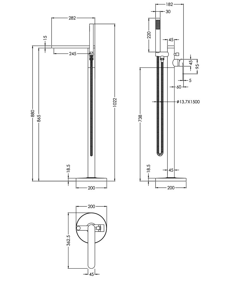 Nuie Arvan Freestanding Bath Shower Mixer Tap with Shower Kit - Brushed Gun Metal - ARV721 - 880mmx245mm