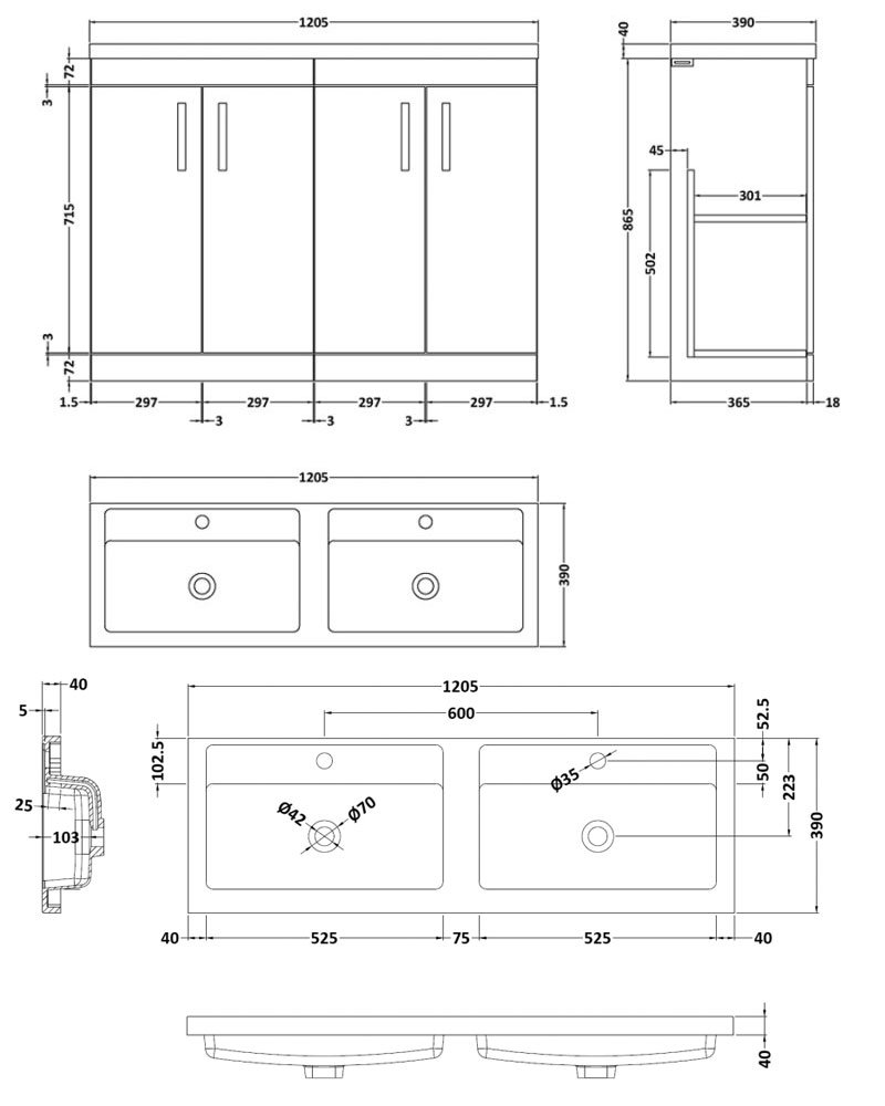 Nuie 4-Door Athena Floor Standing Vanity Unit with Double Basin 1200mm Wide - Gloss Grey Mist - ATH107C - 1205mmx905mmx390mm