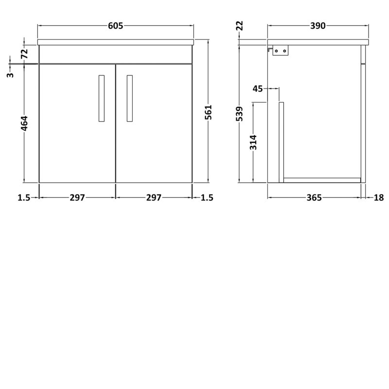 Nuie Athena 2-Door Wall Hung Vanity Unit with Sparkling Black Worktop 600mm Wide - Hacienda Black - ATH092LSB - 600mmx540mmx383mm