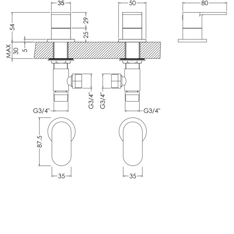 Nuie Binsey Modern Deck Mounted Side Valves - Chrome - BIN308 - 35mmx54mmx80mm