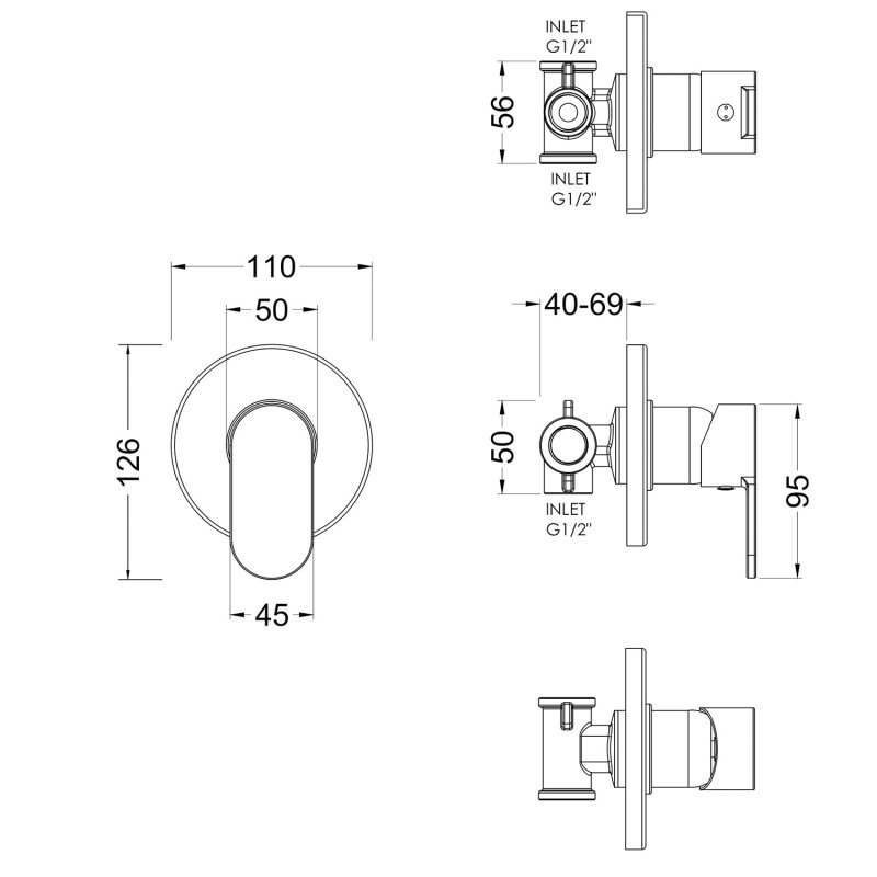 Nuie Binsey Single Handle Manual Concealed Shower Valve - Chrome - BINMV10 - 110mmx110mmx40-69mm