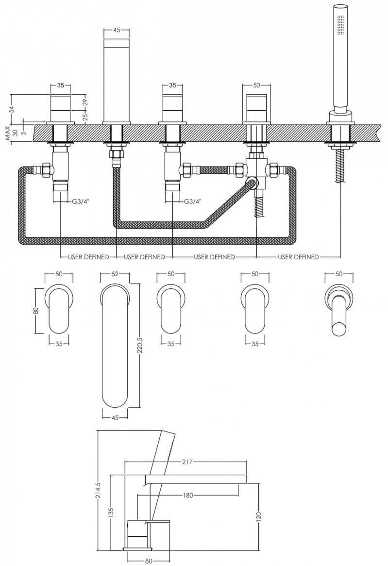 Nuie Binsey Pillar Mounted 5-Hole Bath Shower Mixer Tap - Chrome - BIN314 - 535mmx135mmx217mm