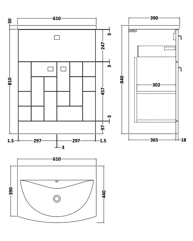 Nuie Blocks 2-Door and 1-Drawer Floor Standing Vanity Unit with Basin-4 600mm Wide - Satin Grey - BLO201G - 610mmx840mmx390mm