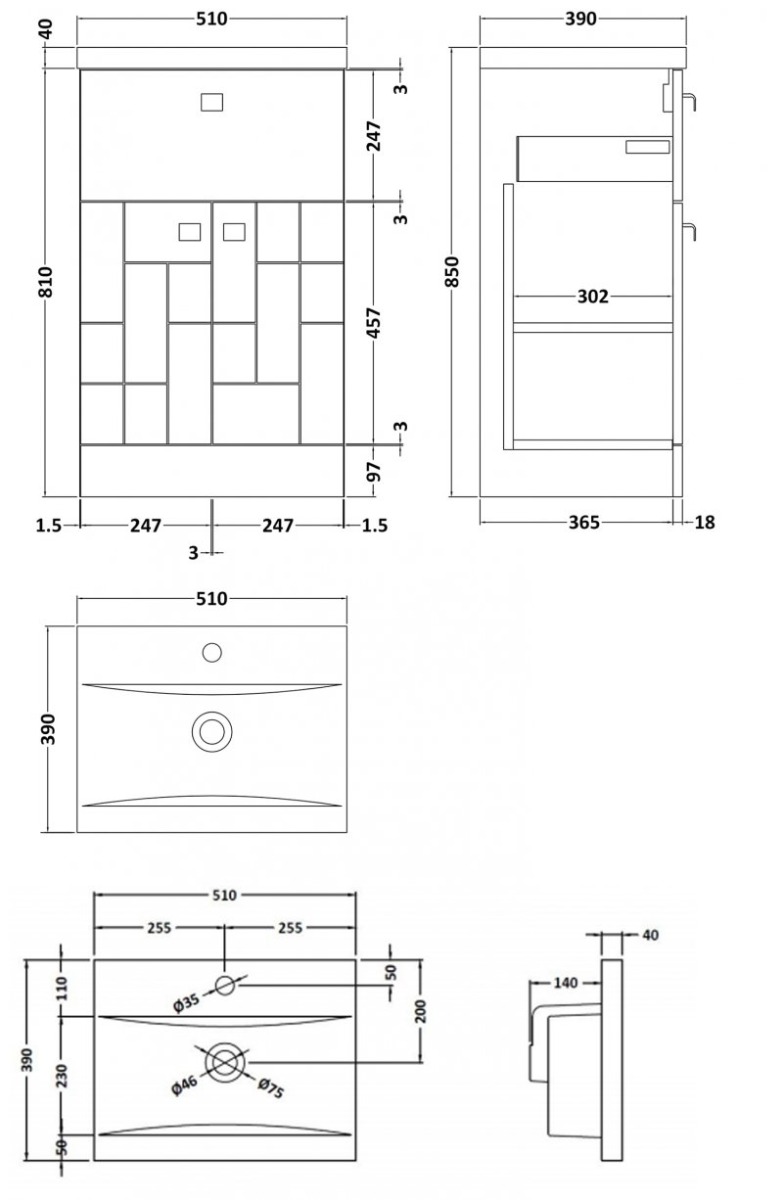 Nuie Blocks 2-Door and 1-Drawer Floor Standing Vanity Unit with Basin-1 500mm Wide - Satin Grey - BLO204A - 510mmx850mmx390mm